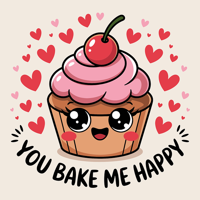 Anniversary Puns to Write in a Card 3 Cartoon illustration of a smiling cupcake with pink frosting and a cherry on top, surrounded by red and pink hearts, with the text "YOU BAKE ME HAPPY" at the bottom.