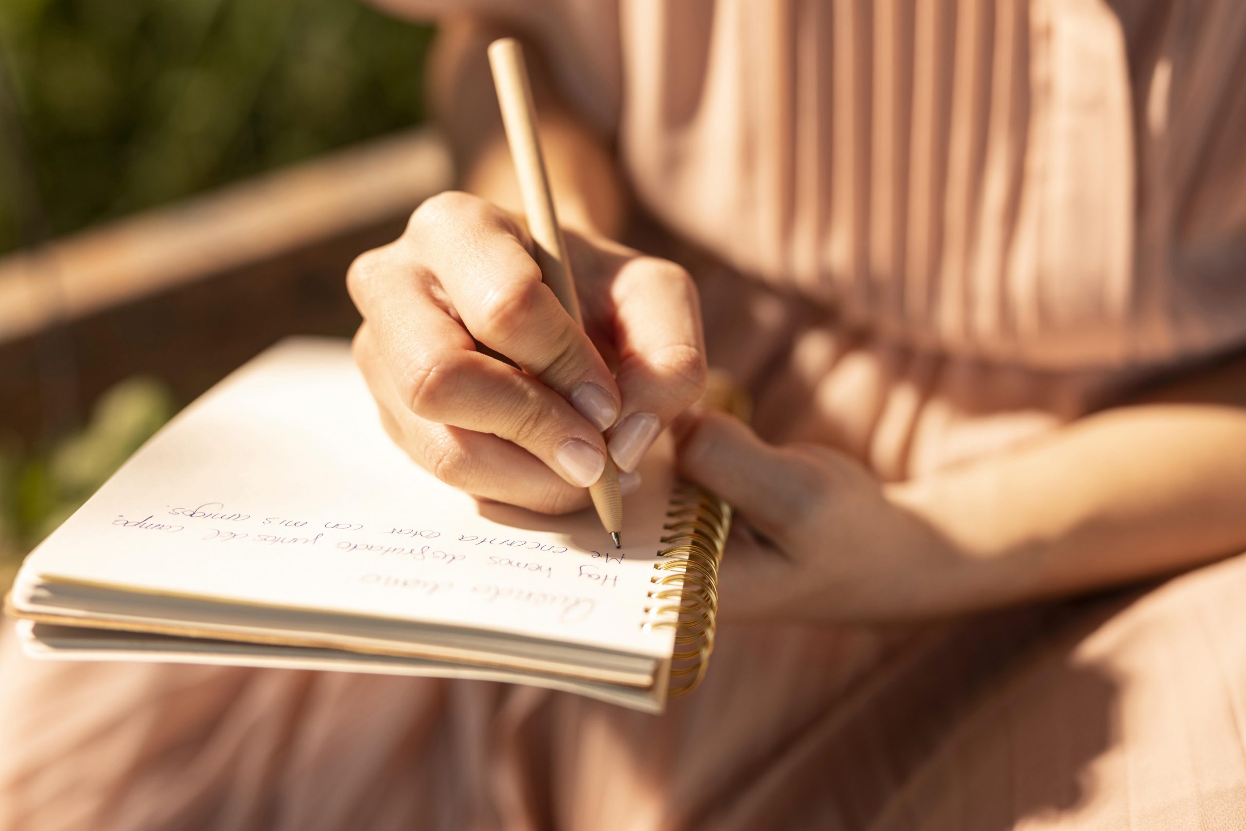 hands writing love letter in notebook