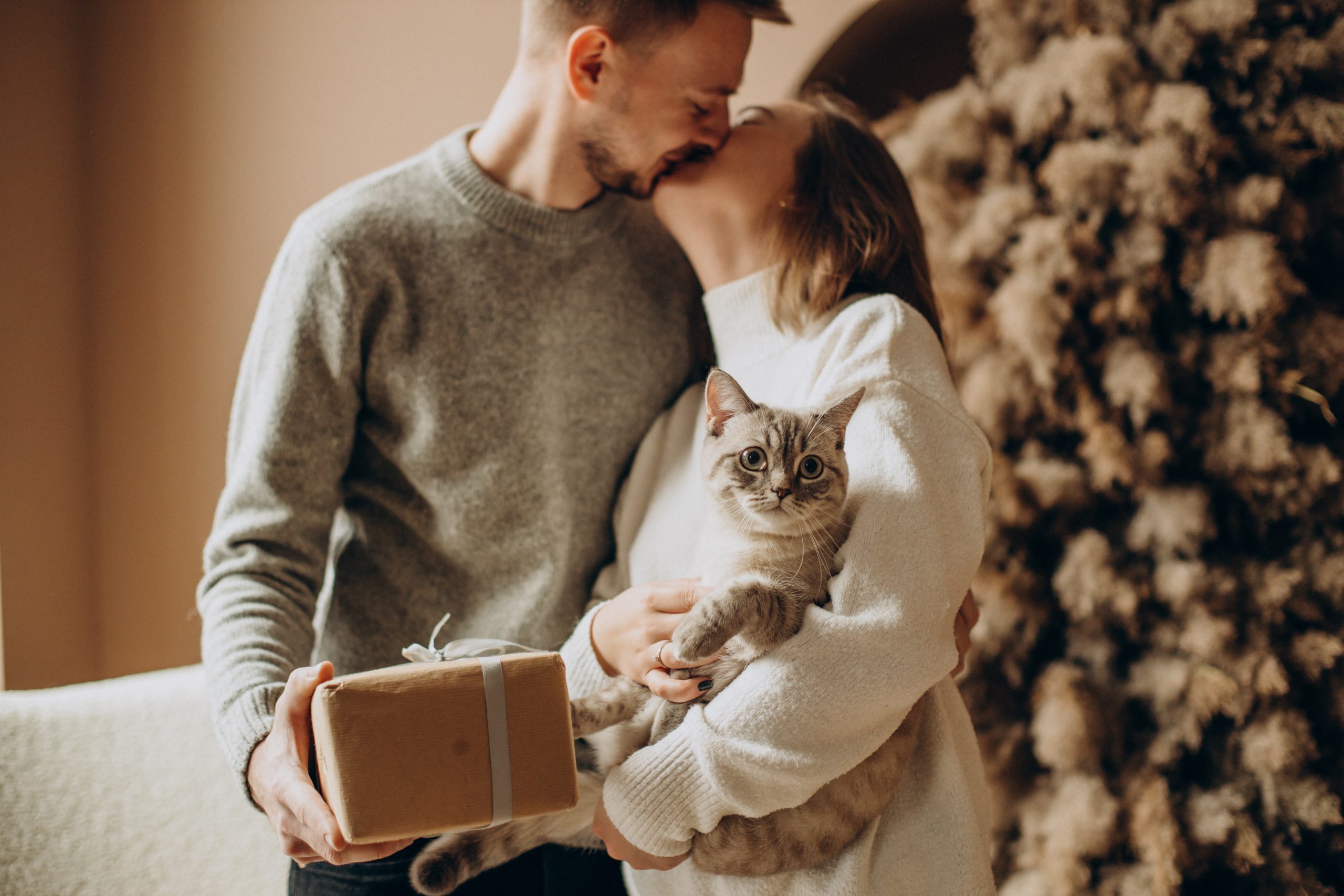 Couple with their kitten celebrating Christmas