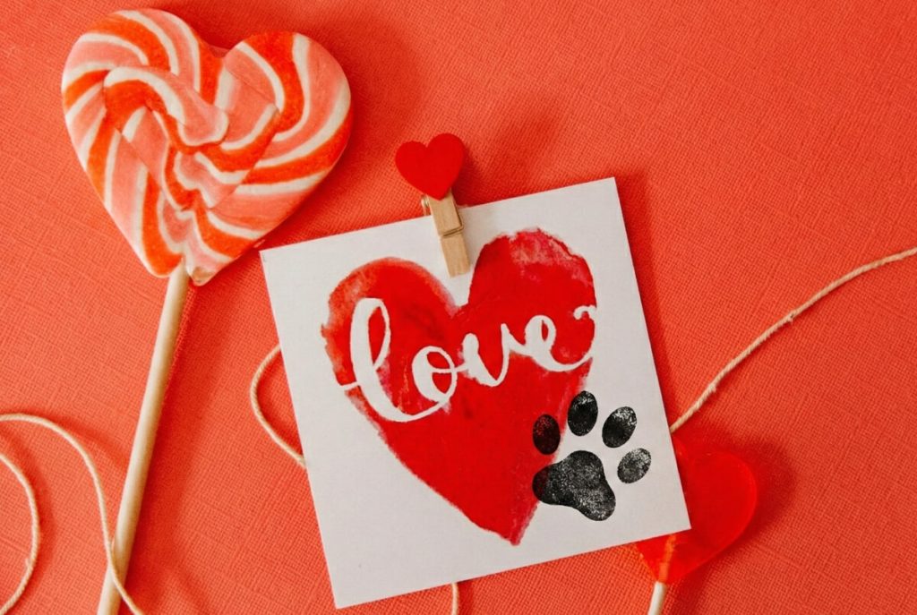 The Ultimate List of Dog Valentine Puns! (100+) 5 A top-down, flat-lay photograph set against a textured coral-red background. The composition features a large red-and-white swirl heart lollipop on the left and a smaller red heart lollipop on the bottom right, connected by a loose white string. In the center, a square white card is held by a wooden clothespin topped with a small red heart. The card features a red watercolor heart with the word "love" written in white cursive script, and a black dog's paw print stamped on the bottom right corner of the card.