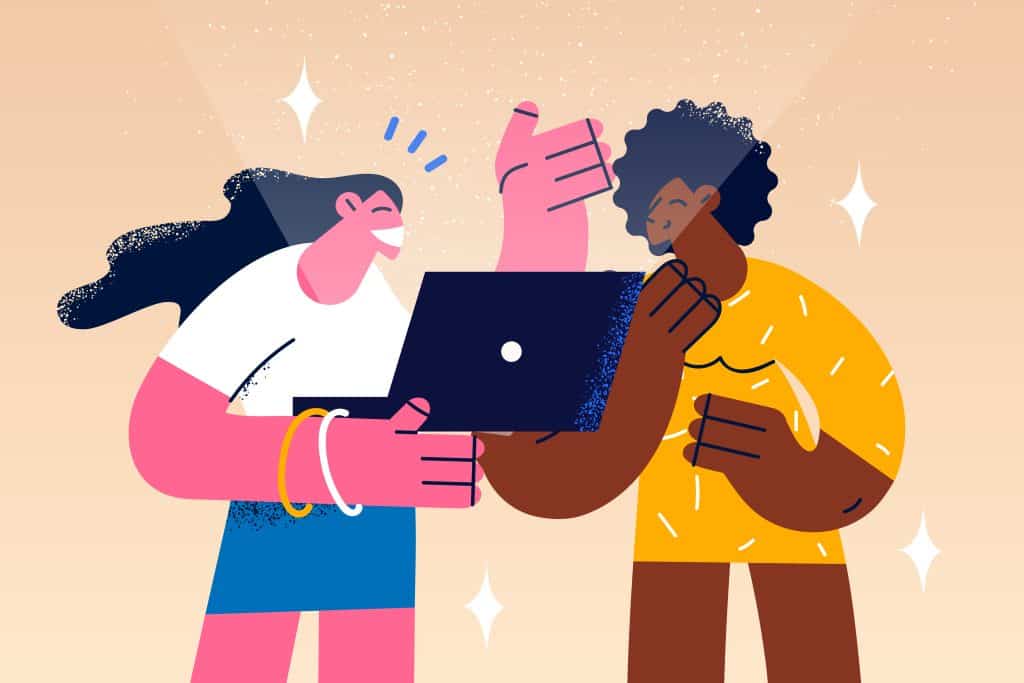 100 Hilarious Jokes of the Week for Work 2 Smiling diverse girls hold laptop talk speak on video call together. Coworkers laughing at jokes of the week for work. Happy multiracial girlfriends enjoy using computer for online communication. Technology concept. Vector illustration.