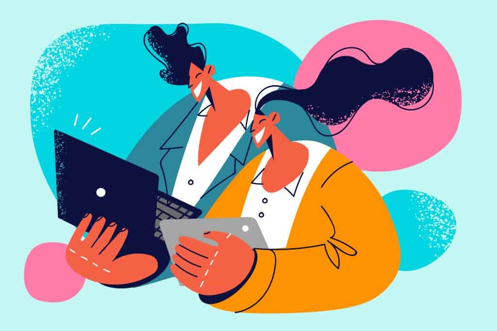 100 Hilarious Jokes of the Week for Work 4 Happy businesspeople cooperate working on gadgets together in office. Smiling colleagues brainstorm collaborate on devices. Coworkers enjoying jokes of the week for work together. Teamwork concept. Vector illustration.